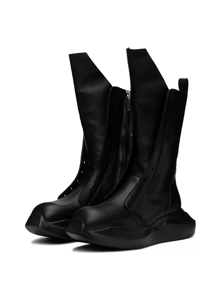 

European Men's ALL Black Mid-calf Zip Leather Motorcycle Boots Thick Sole Height Increasing Winter Shoes Cool Young Man