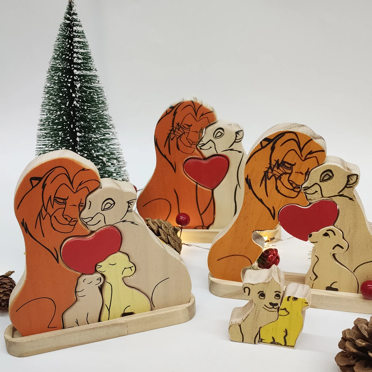 Wooden Lion Family Puzzl Ornament Customized Names Christma Family Decor Gift Personalized Xmas Gift Ornament Lion Family Member