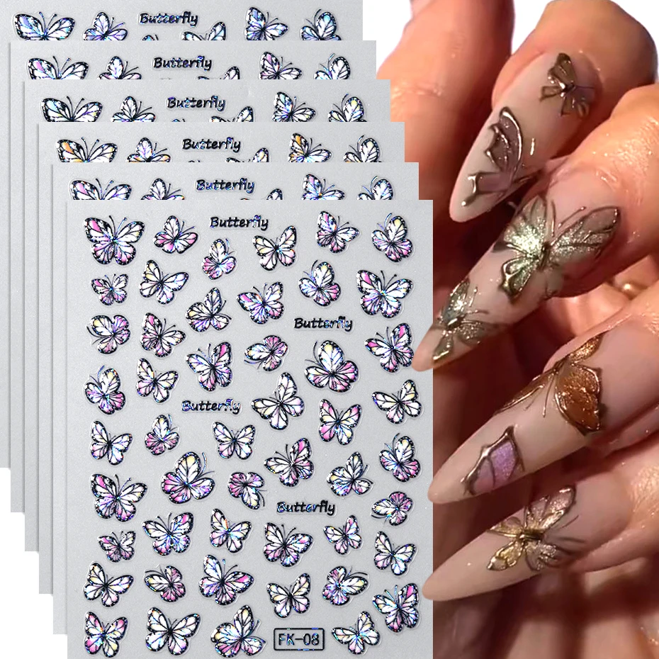 6 Stück holografische Schmetterlings-Nagelaufkleber, 3D-Jelly-Schmetterlingsaufkleber, selbstklebende Slider, Feen-Stil, Maniküre, Nagelkunst-Dekorationen