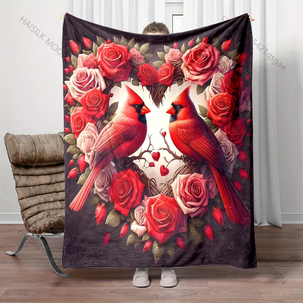 Heart-shaped Roses and Cardinals Pattern Blanket Flannel Material Soft Warm for All Seasons, Home Outdoor Camping Picnics RV