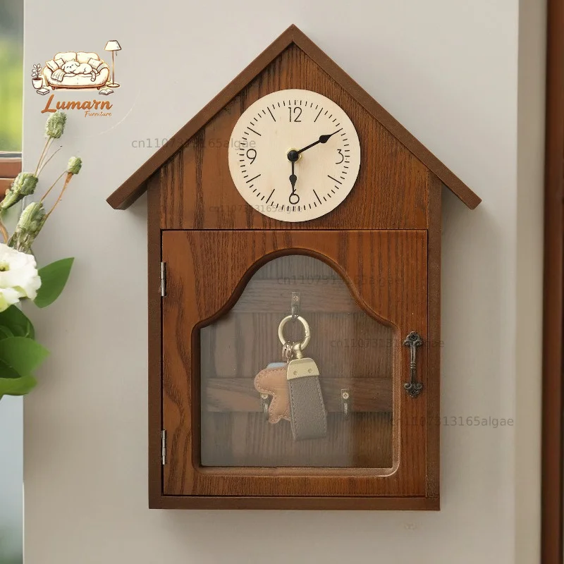 Vintage Wooden Clock Key Holder with Wall Mirror Silcent Wall Clock with Hanging Key Bags Hanger Living Room Home Decoration