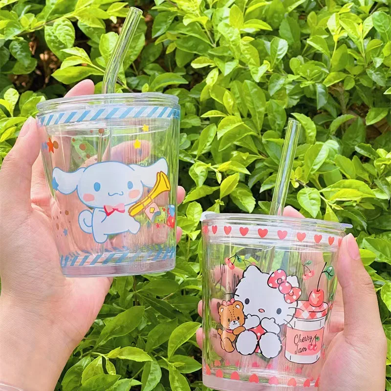 Sanrio Hello Kitty Kuromi Melody Cute Cartoon Kids Cup Little Girl Glass Milk Juice Home Children Baby Straw Cup Water Bottles