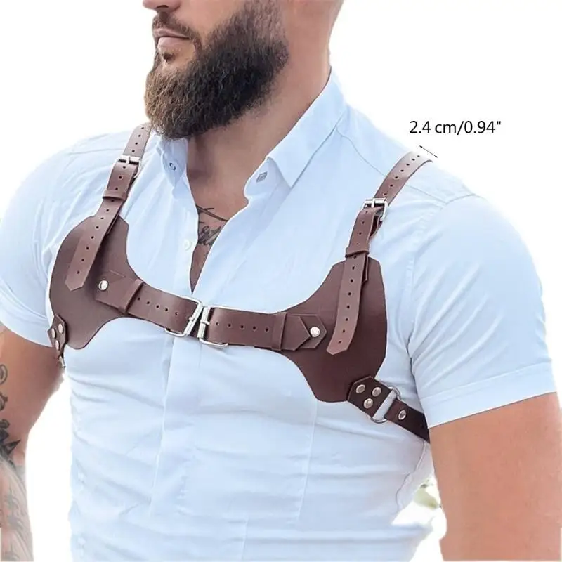 652F 조정 가능한 스트랩 버클 링 Clubwear 셀프 본디지 의상 남성 가죽 바디 가슴 하네스 멜빵 브라운 펑크 벨트