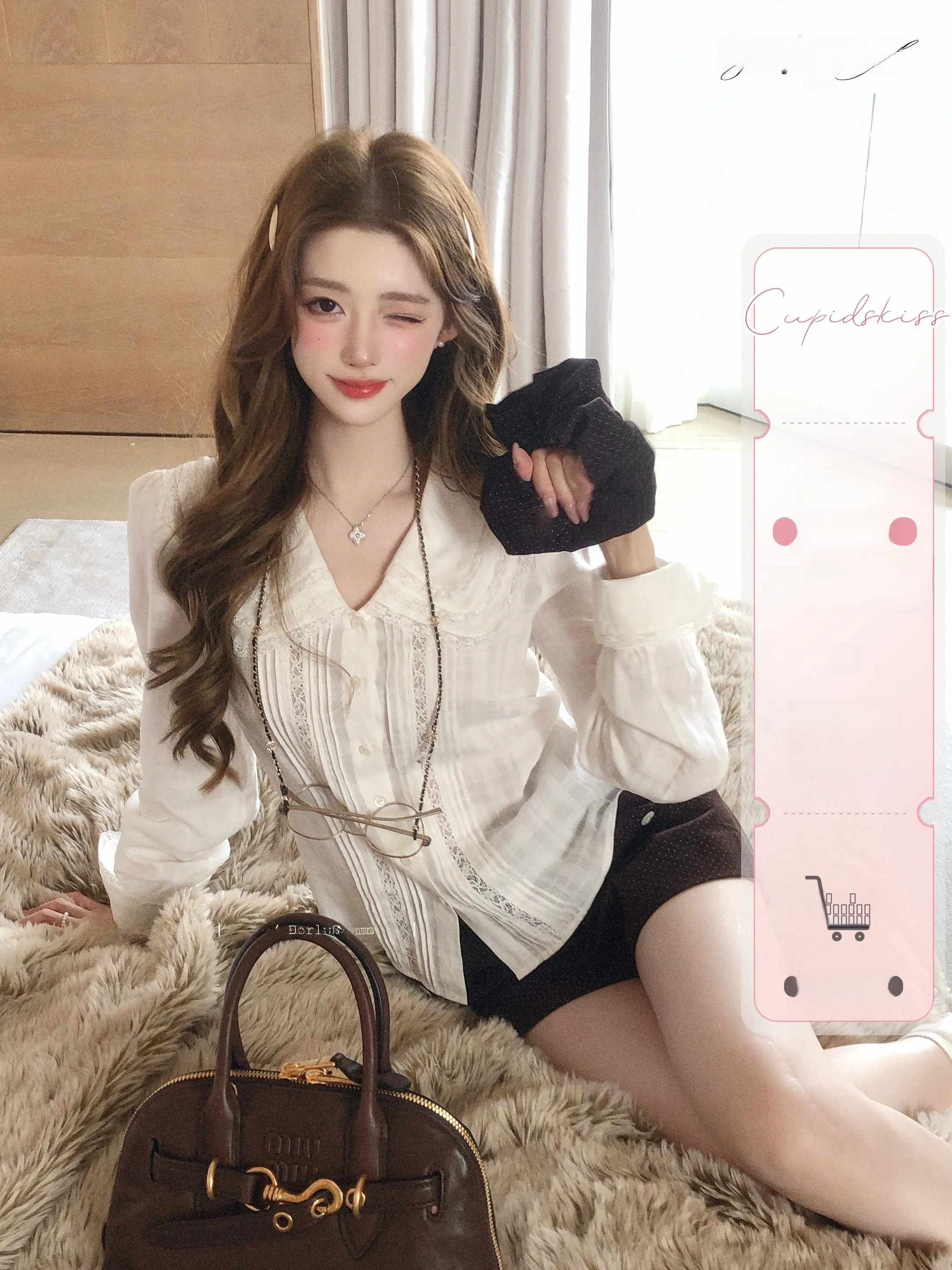 

CSK Cupid Mist Thin Le Doll Face Girl's irt Larsey Linen Blouse Youthful Regular Sve Long Button Closure Daily Wear