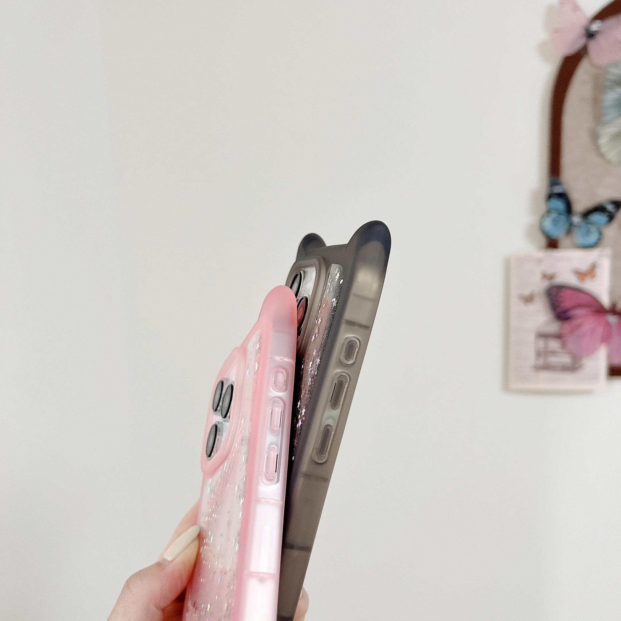 Cute Cat Ears 3D Transparent Case For iPhone 17 Air 16 15 14 Plus 13 12 11 Pro Max INS Funny Bling Glitter Star Shockproof Cover - náhled 3