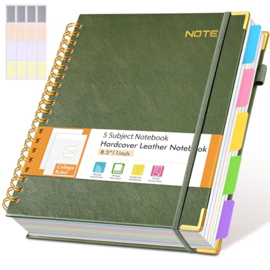

Hardcover Large Spiral Notebook 8.5" x 11" with Removable Dividers Tabs, 300 pages Leather 5 Subject Notebook College Ruled, A4