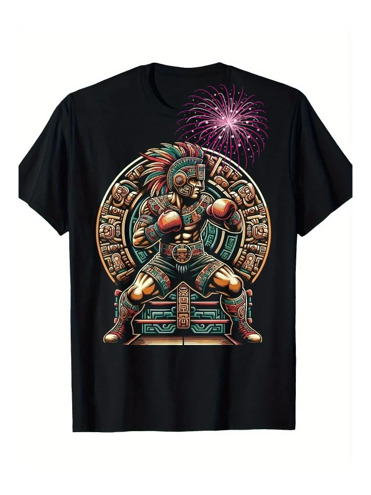 

Men's boxing Mexican pattern-100% cotton, Aztec warrior pattern, eagle pattern, regular fit T-shirt with round neck printing.