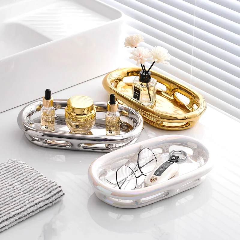 

Oval Ceramic Storage Tray Cosmetic Skin Care Products Perfume Storage Box Jewelry Shelf Bathroom Decorative Desktop Storage Tray
