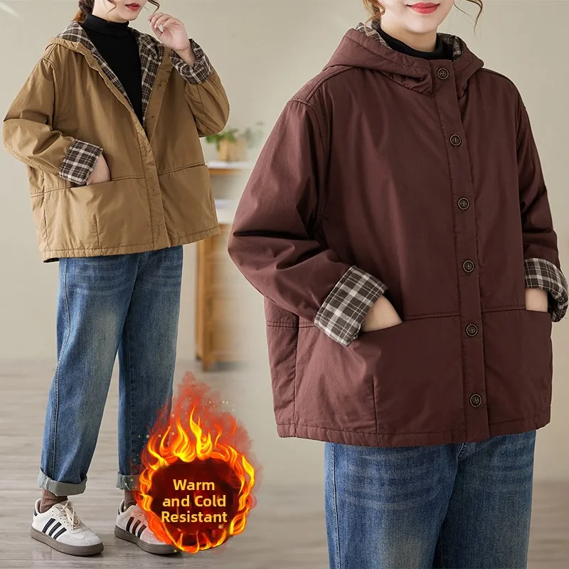 

Высококачественный зимний двухслойный хлопковый джат в стиле ретро с капюшоном, клетчатая внутренняя теплоизоляция, Long Sve Faion Urban Sle