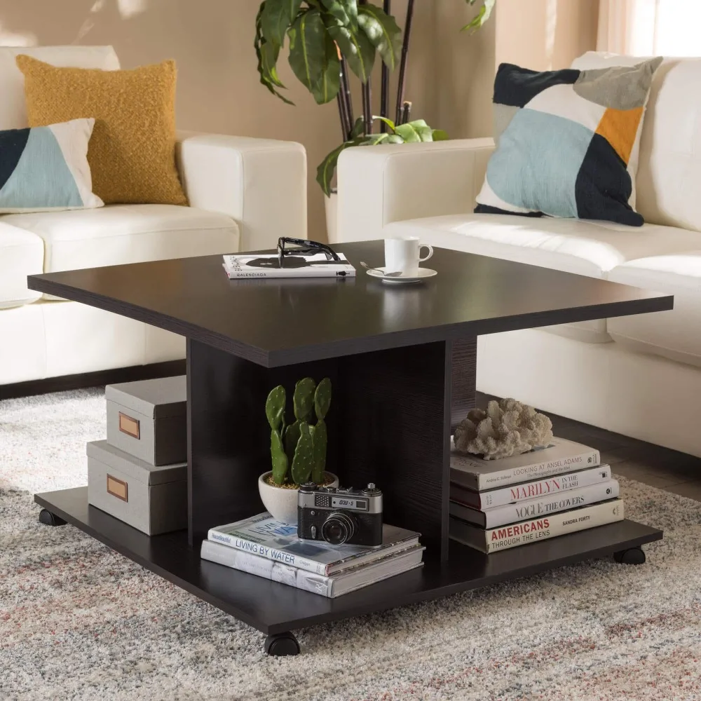

Cladine 32 in. Wenge Dark Brown Medium Square Wood Coffee Table with Casters