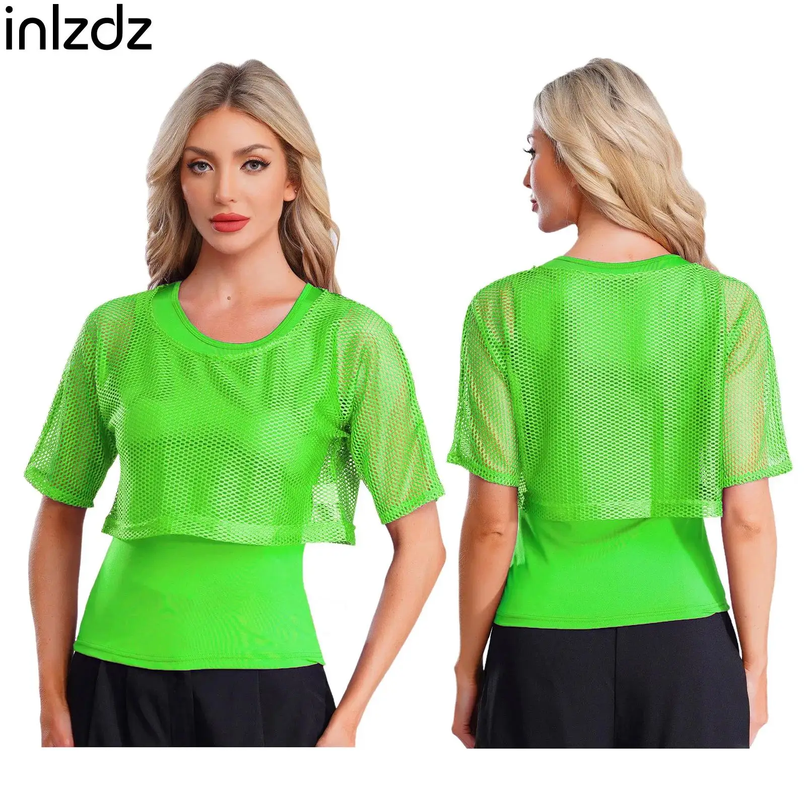 

Womens 80s Rave Disco 2-piece T-shirt Tops Short Sleeve Off Shoulder Fishnet Crop T-shirt And Basic Tank Tops for Music Festival