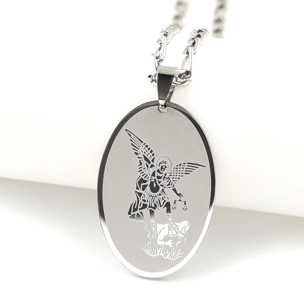 Archangel St.Michael Protect Us Oval Medal Pendant Necklace for Women Men Stainless Steel Gold Color Saint Michael Chain Jewelry