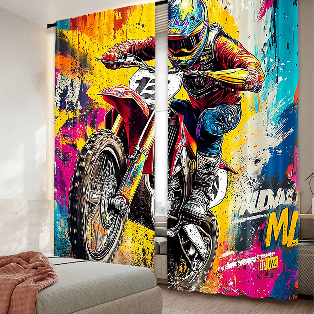 2Pcs Dirt Bike Curtain Teens Men Motorcycle Curtain Colorful Curtain Motocross Rider Motorcyclist Curtain Modern Art Room Decor