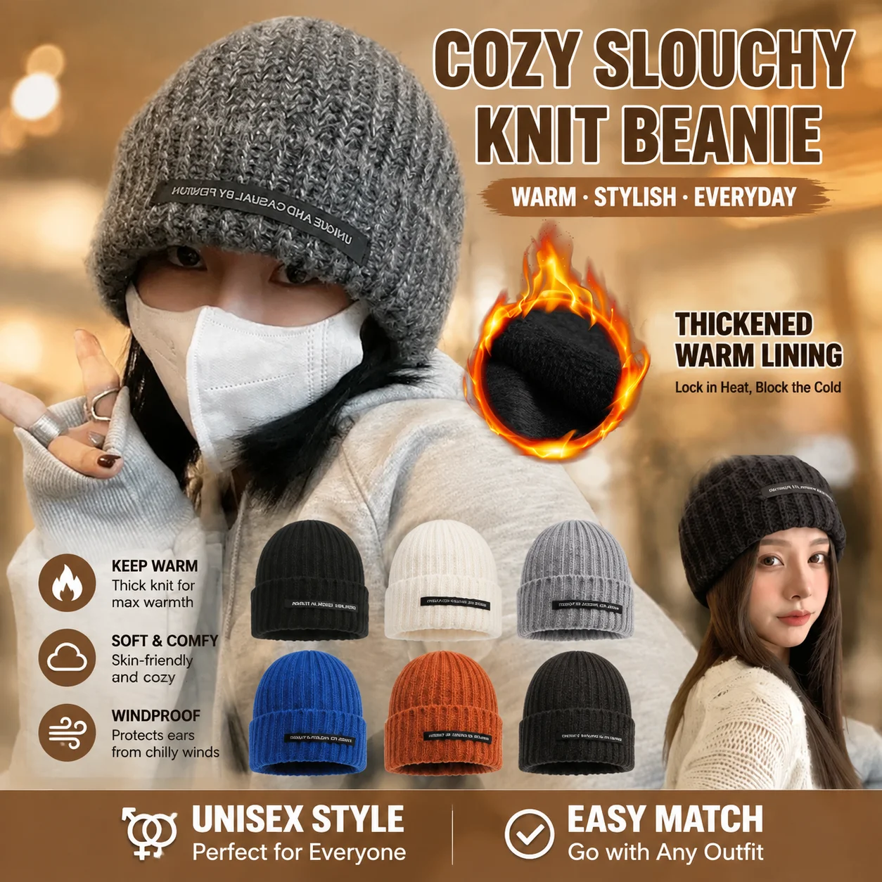 Cozy Slouchy Knitted Beanie Women Winter Loose Fit Cute Thickened Fashion Ear Warm Autumn Winter Cap Pack