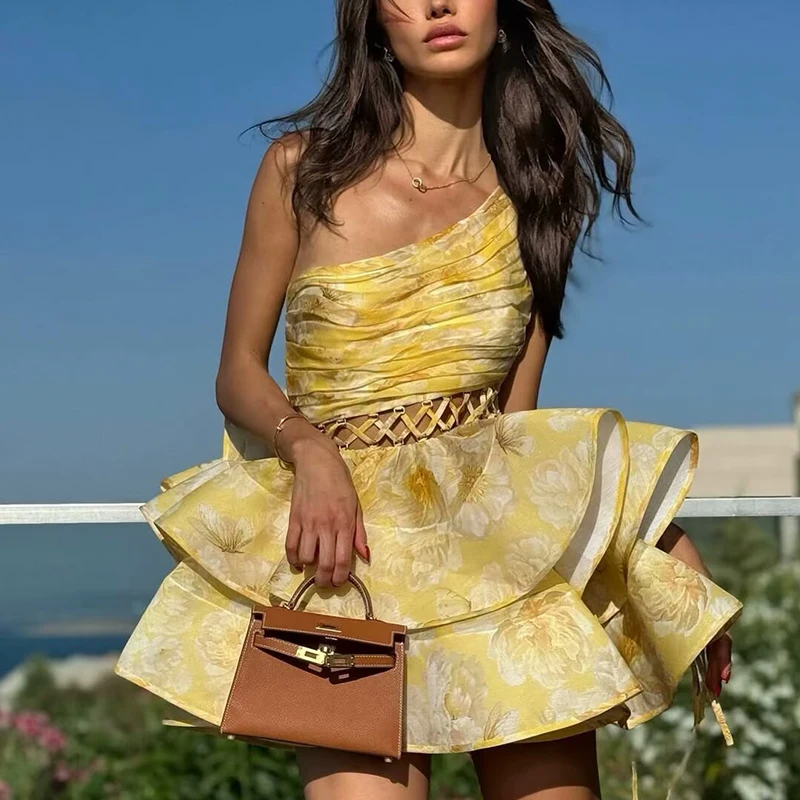 Faionable Floral Print Single oulder Waist-Cut out Women's Dr Summer 2025 New Arrival Ele Hollow out Design Dr