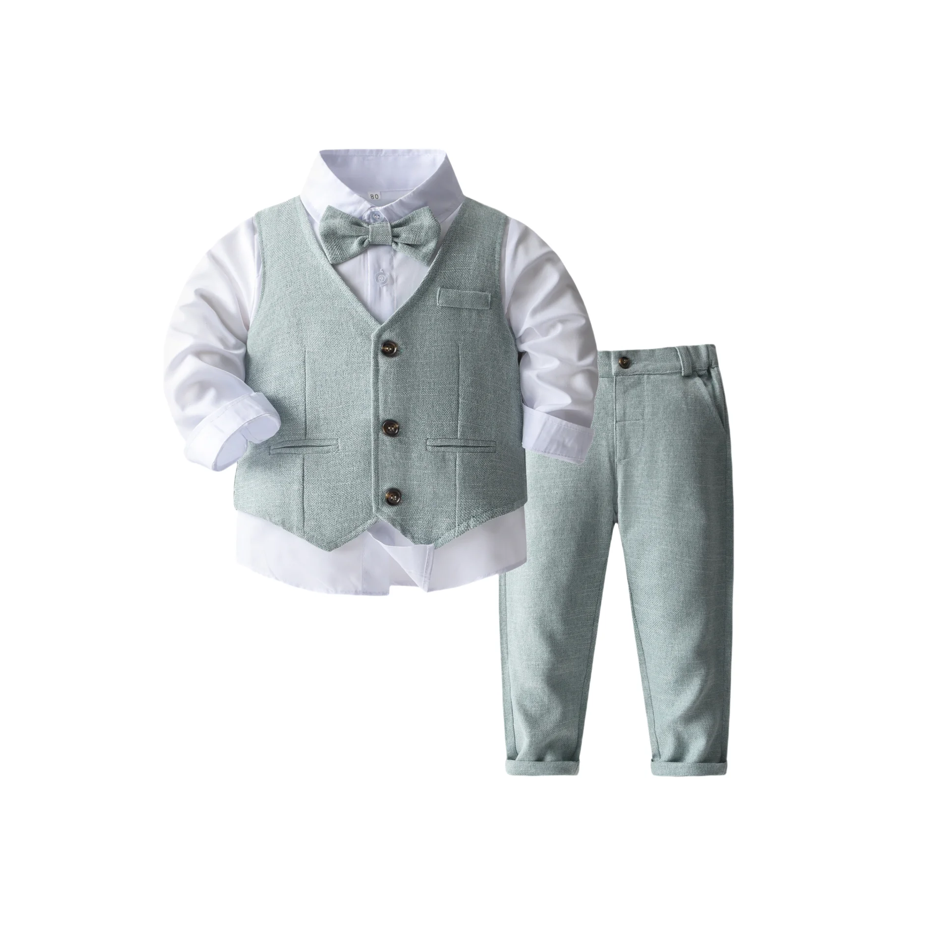

Boys 3-Piece White Shirt Vest Light Green Pants Set Autumn Casual Children's Party Wear Size 80-120