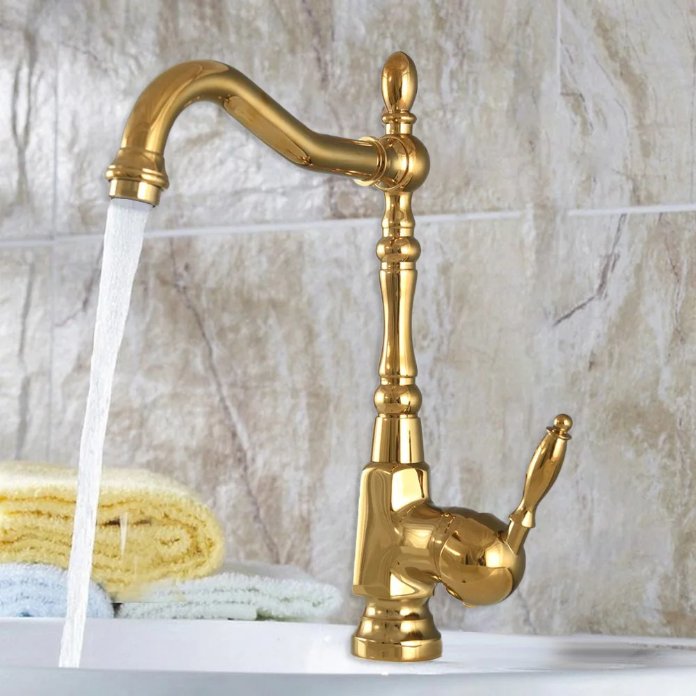 Polished Gold Color Brass Single Handle Kitchen Bathroom Basin Sink Swivel Spout Faucet Hot Cold Mixer Water Tap agf067