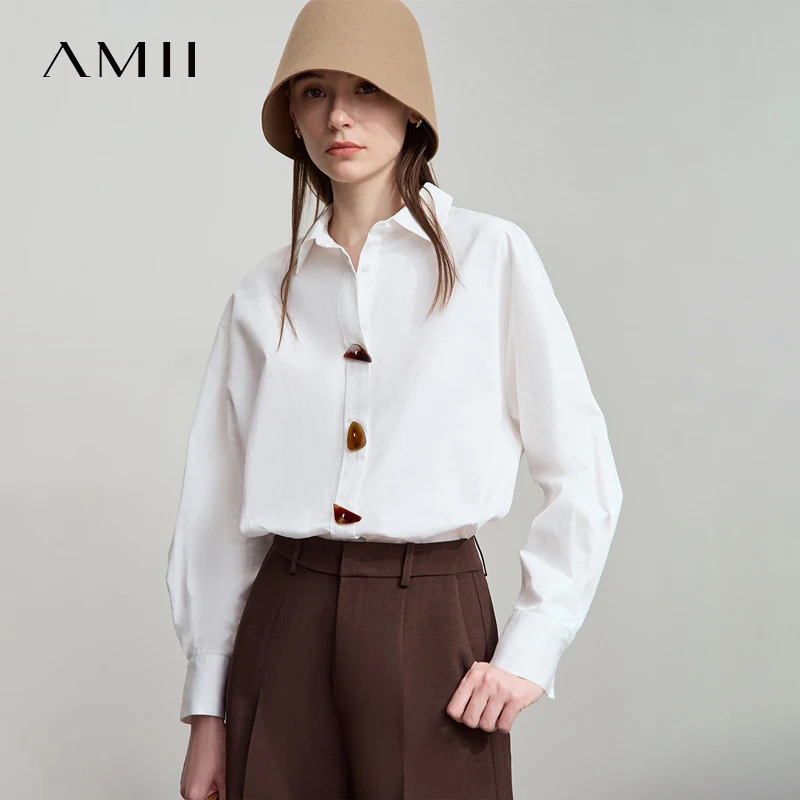 AMII 2025 가을 셔츠 미니멀리즘 탑 100% 코튼 긴 소매 솔리드 셔츠 Office Lady Buttons 풀오버 블라우스 12523091