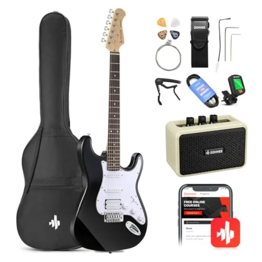 

Beginner electric guitar kit for starter use, solid body black HSS, 39 inch, includes amplifier, bag, digital tuner, capo, stra