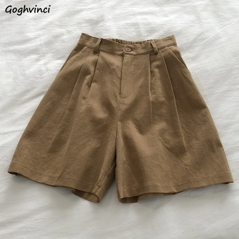 Retro Solid Shorts Women Summer Cotton Linen Folds Design High Elastic Waist Pockets Single Button Wide Leg Loose Slim All-match