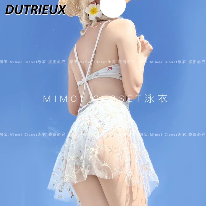 Sweet Girls Print Vacation Seaside Spa One-piece Suspender Swimsuit and Gauze Skirt Gathering Swimwear Bathing Suit for Women