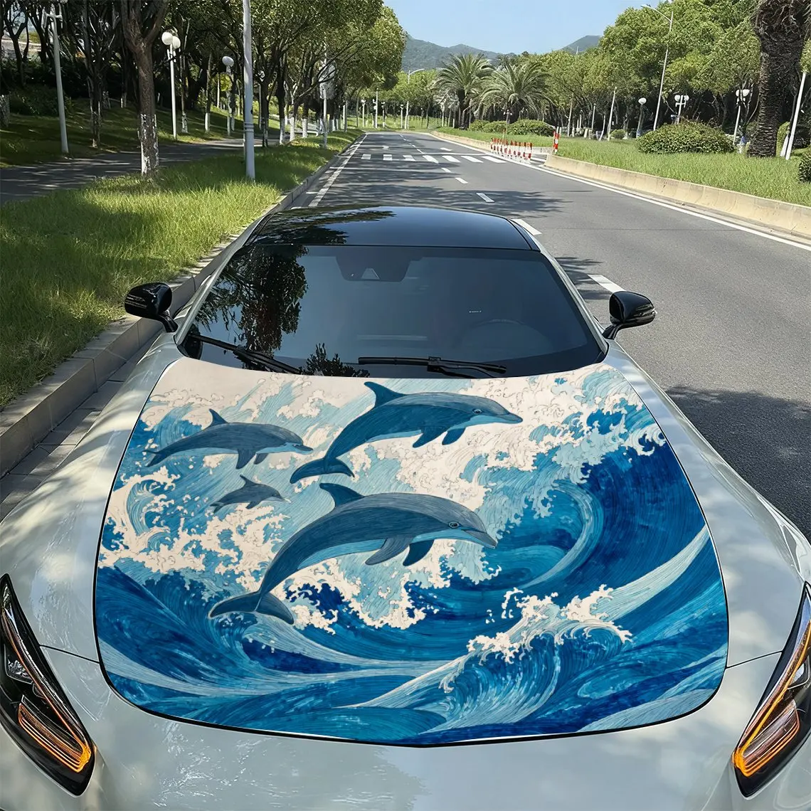 Active Dolphins Car Vinyl Packaging, PVC Waterproof Car Hood Stickers, Self-adhesive Scratch Resistant Stickers For Engine Cover