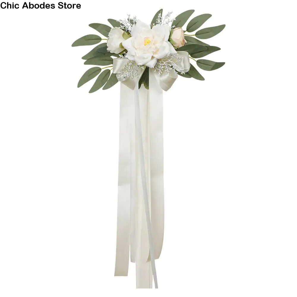 

Silk Flower Chair Back Flower Eucalyptus Leaves Nordic Style Wedding Pew Flowers Green Plants Floral Decoration