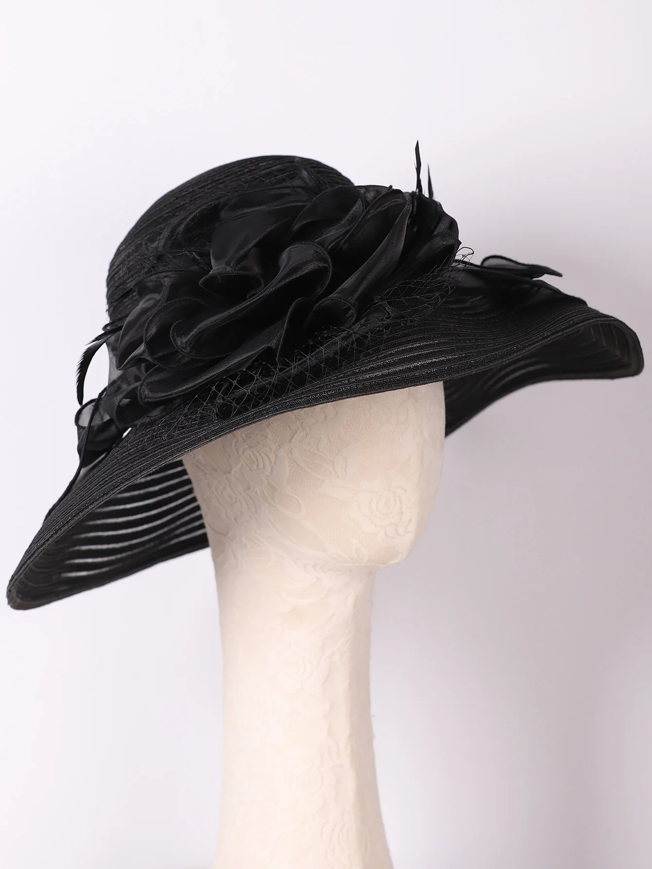 FS Black White Elegant Church Wedding Straw Hats For Women Ladies Flowers Large Brim Fedora Hat Sun Kentucky Party Derby Hat