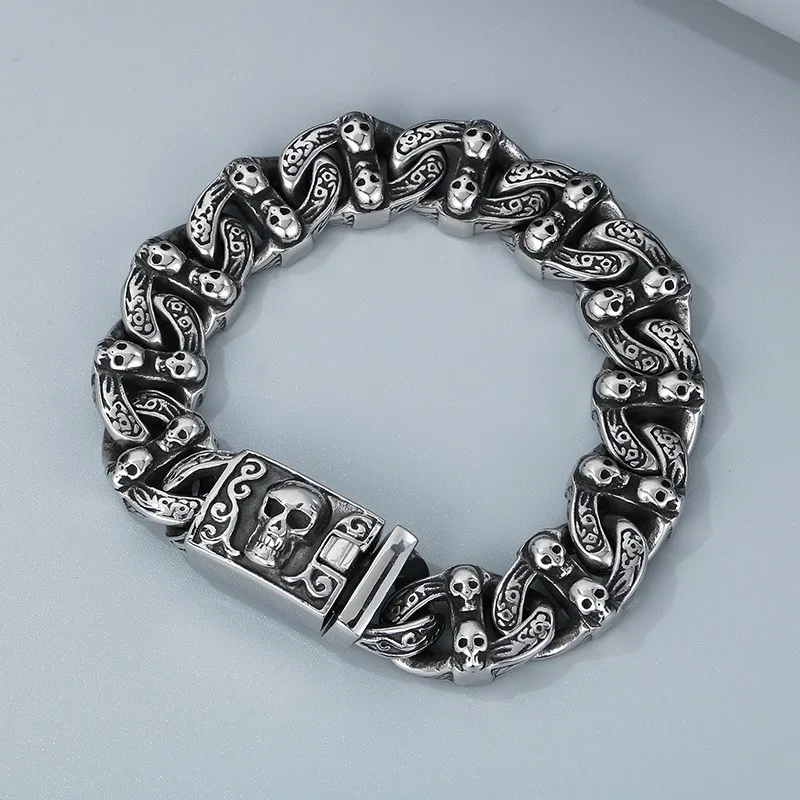 15mm Viking Skull Charming Men Bracelet Stainless Steel Retro Bracelet Boy Cuban Chain Jewelry Party Gift