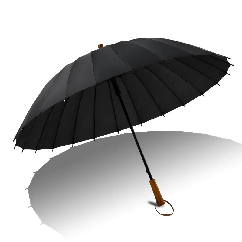 Wooden handle 24 bone umbrella Long handle men's large rainstorm straight handle black umbrella