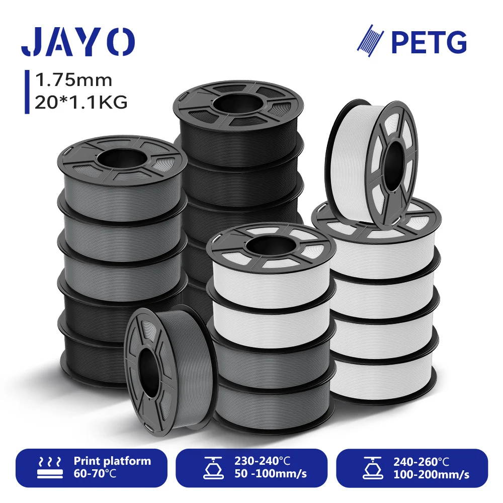 JAYO 20 Rollen PETG 3D-Drucker-Filament 1,75 ±0,02 mm 1,1 kg/Rolle BK+WT+GY Hochfestes, ordentlich gewickeltes Filament, passend für die meisten FDM-Drucker