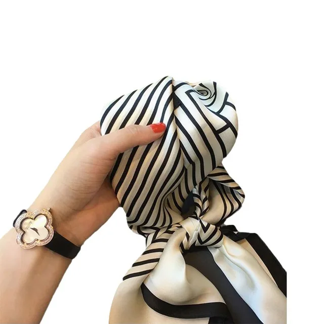 Women's Striped Brocade Square Scarf – 70cm Korean-Style Small Head Scarf, Black / White – view 6