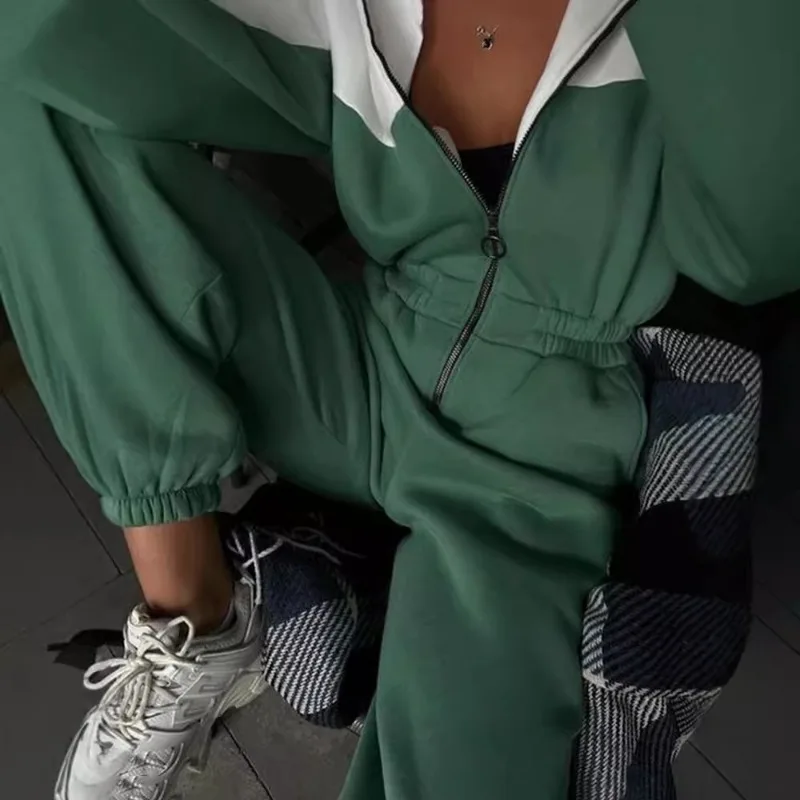 

Women'S Jumpsuits Casual Sporty Sweatershirt Hoodies Suits Spliced Colored Zipper Long Pants Rompers Playsuits Autumn Winter y2k