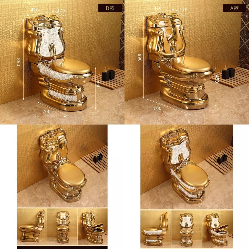 European Style Golden Toilet for Home Bathroom WC Silent Flush Large Diameter Retro Gold Color Toilet for Modern European