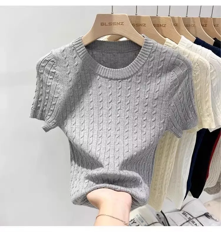 Zjaiss 2026 Summer Korean Retro Elegant Texture Short Sleeve O-Neck Twist Knit Top Women Soft Casual Versatile Thin T-shirt