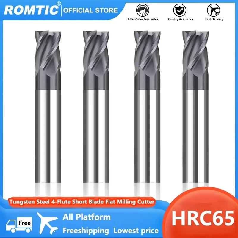 

ROMTIC Tungsten Steel Carbide 4-Flute Short Blade Flat Milling Cutter For Stainless Steel HRC65 CNC Machinery End Mill Tools