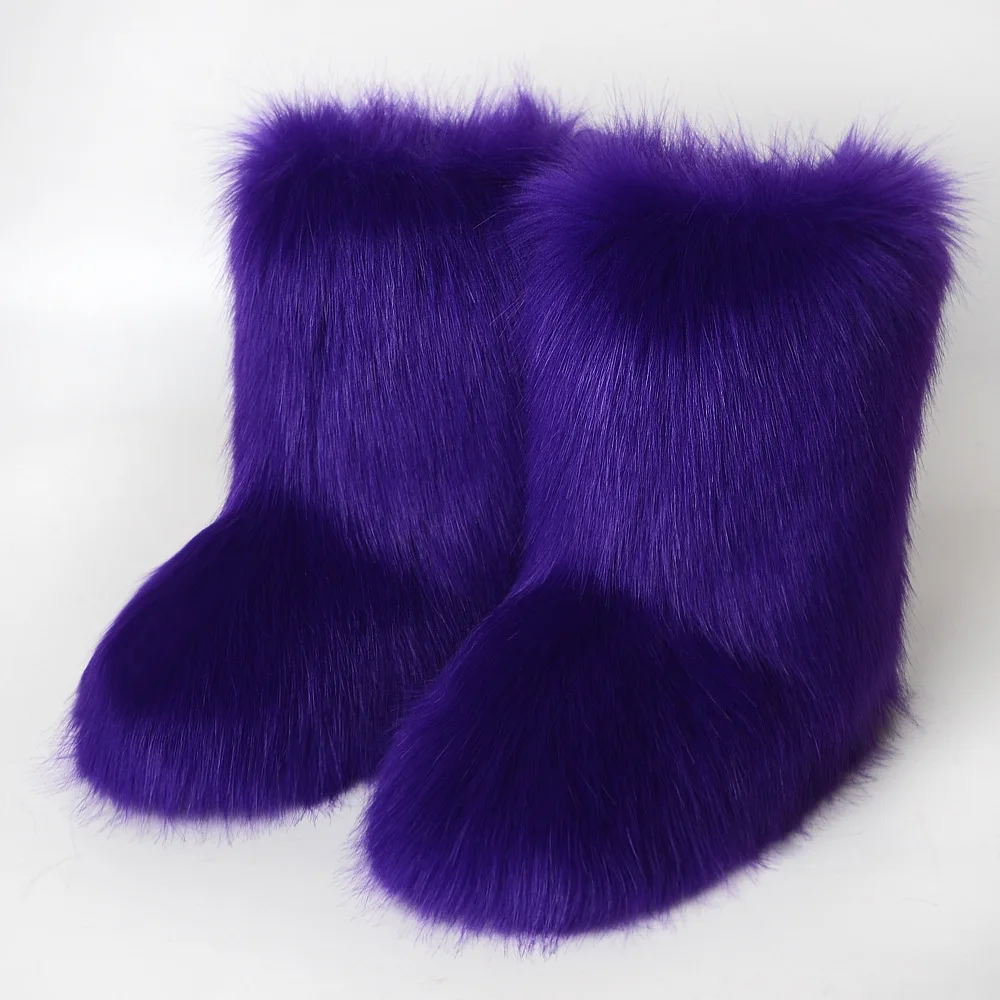 Woman Plush Warm Platform Shoes New Fashion Bottes Big Size 46 Women's Winter Snow Boots Outdoor Luxury Furry Faux Fox Fur Boots
