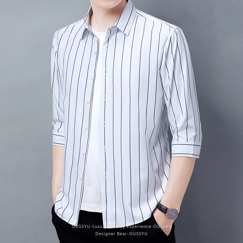 

2026 Men's Striped Shirt Korean Style Slim Fit Seven Quarter Sleeve Top for Spring Summer Casual Wear Fashionable Youth Trendy