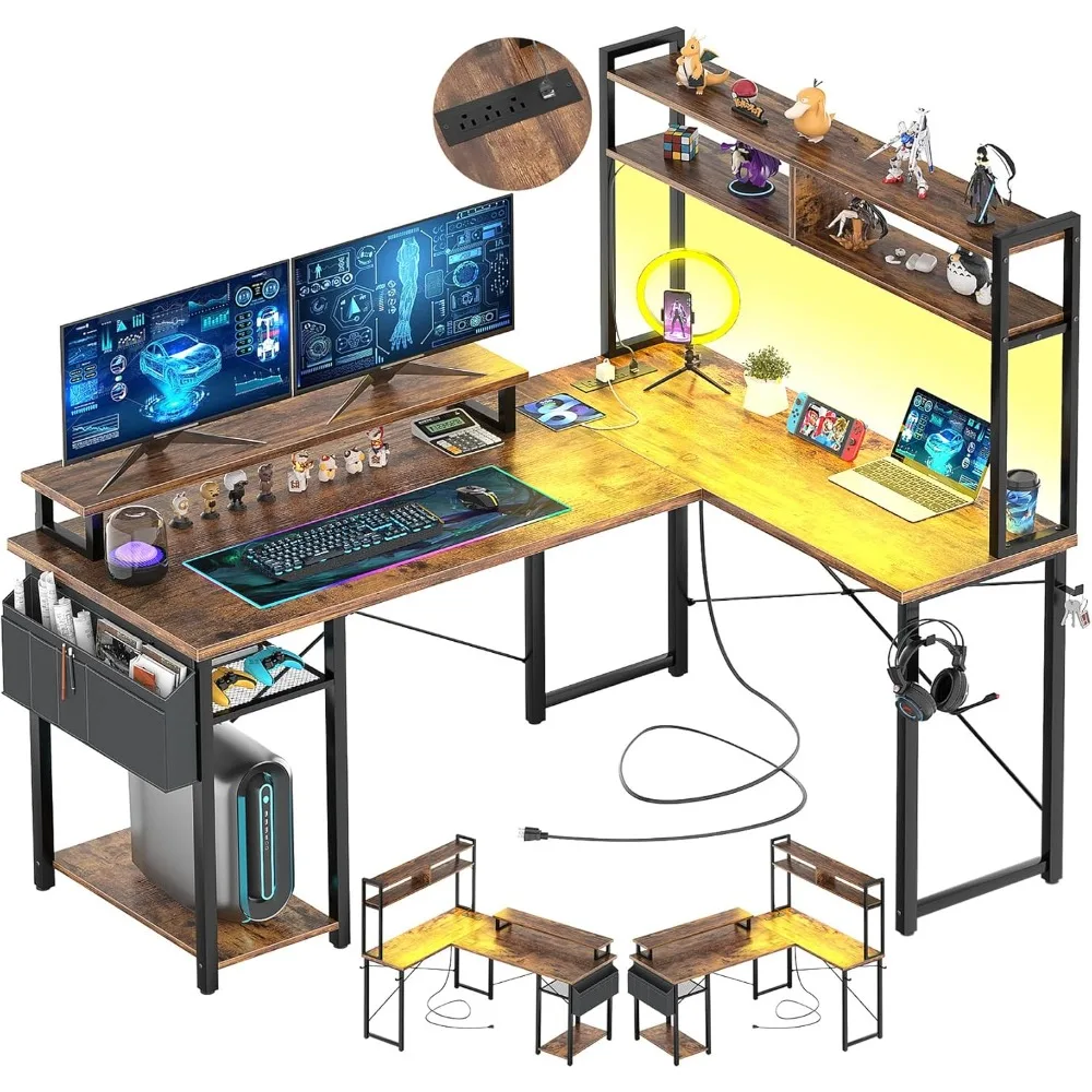 

Small L Shaped Gaming Desk with LED Lights & Power Outlets, Reversible L-Shaped Computer Desk with Monitor Stand & Storage Shelf