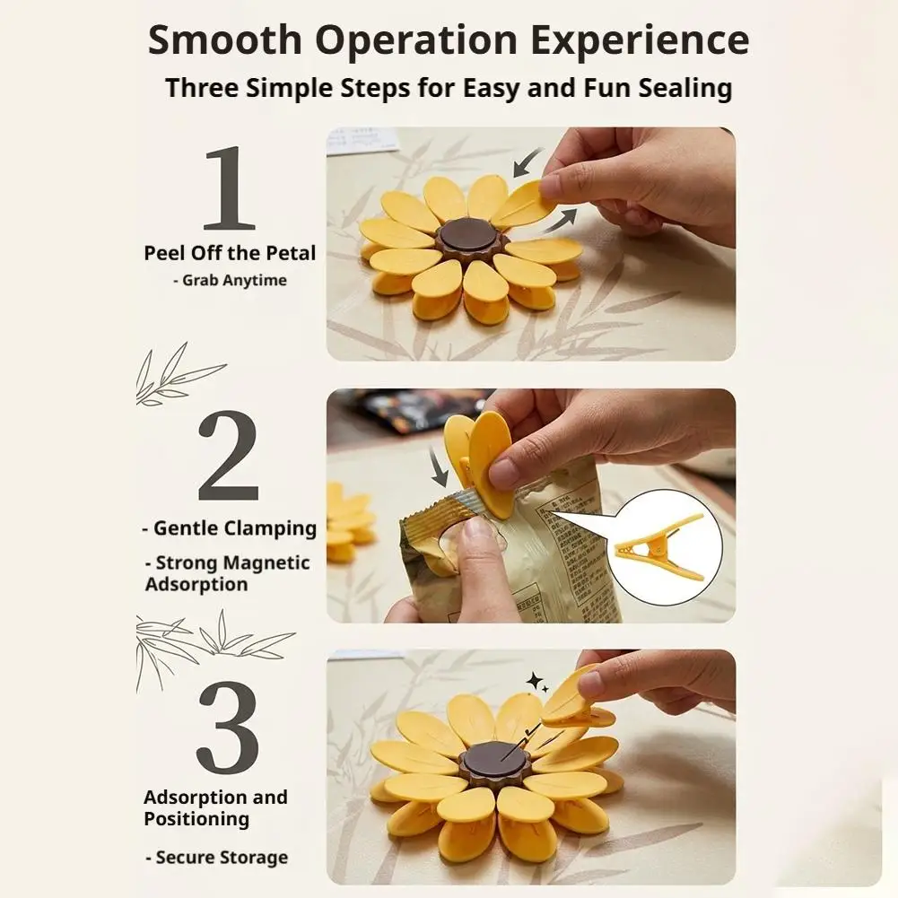 10 Stück Niedliche Sonnenblumen-Magnetverschlussclips mit Basis, Luftdichte Chip- und Snacktütenclips, Küchen-Frischhalteclips, Notizclips – Detail 10