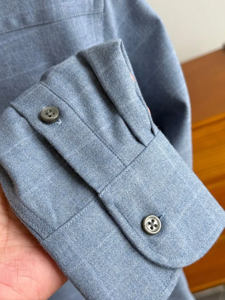 Men's Old Money Style Double-Faced Flannel Embroidered Logo Solid Business Formal Long Sleeve Check Shirt