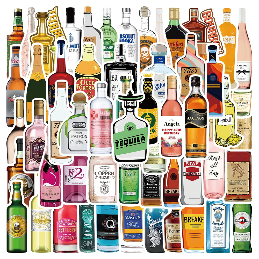 56pcs Alcohol Tequila Beer Bottle Stickers For Laptop Phone Luggage Guitar Motorcycle Car Helmet Waterproof Graffiti Decals