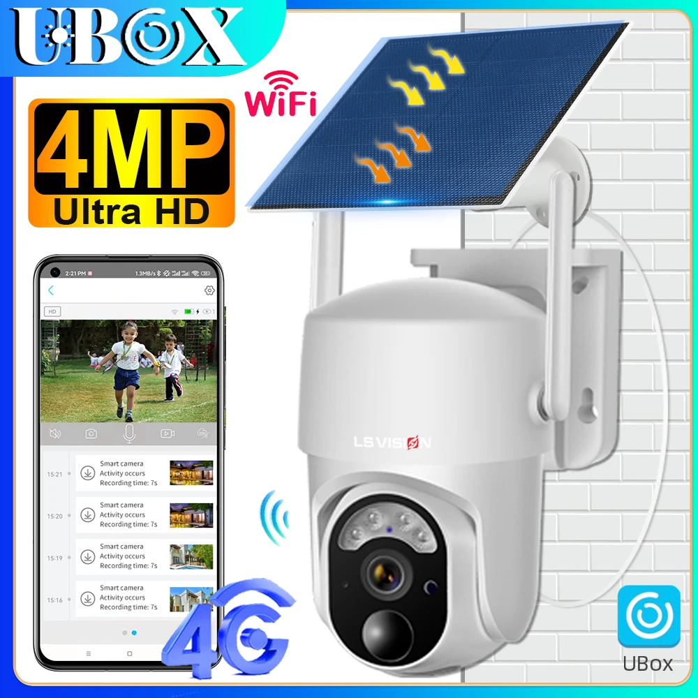 Ubox 4MP 4G/WiFi Solar Camera Outdoor Wireless Surveillance Cameras PTZ Color Night Vision PIR Human Detection Secutity Camera