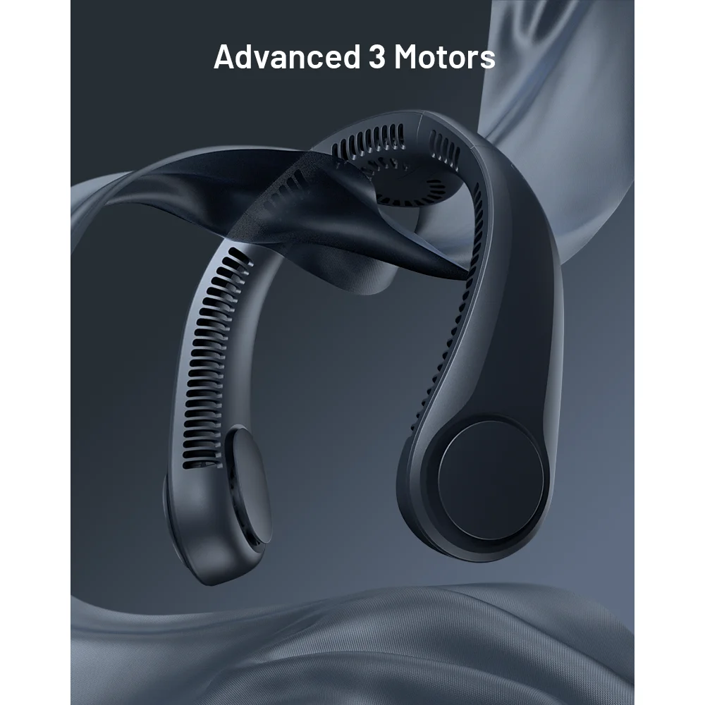 Портативный безлопастной вентилятор типа C для быстрой зарядки, многозащитный вентилятор, шейный вентилятор с тремя двигателями и воздушным охлаждением на 360°