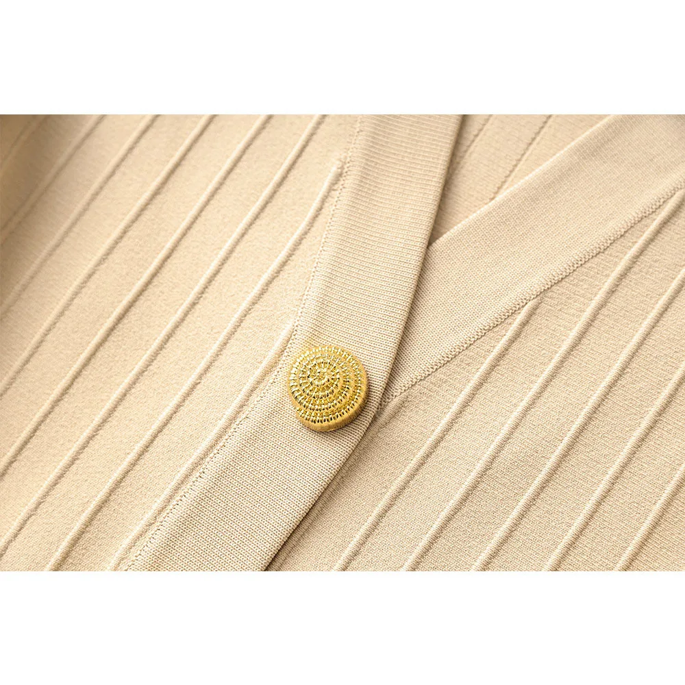 女性スリムフィットノースリーブベージュドレス V ネックシングルブレスト装飾オフィスレディースエレガントなミニドレス