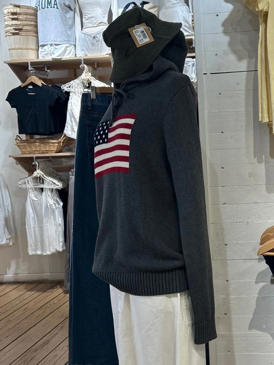 Flag Graphic Hooded Sweater Women Autumn New Long Sleeve Loose Jumper Sweatshirt American Vintage Fashion Pullover Sweaters Tops