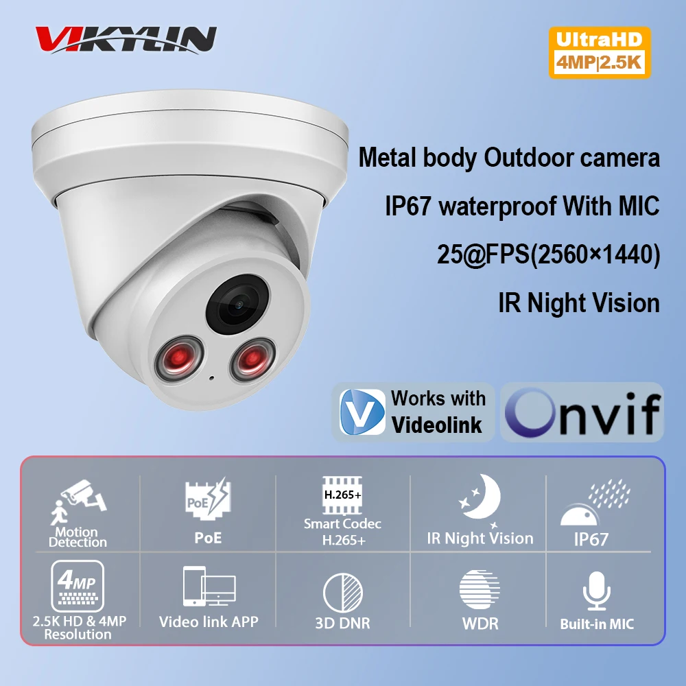 Vikylin 4MP 2.8mm 25FPS Turret IP Camera IR Night Vision For hik Compatible CCTV POE Security Camera Motion Detection MIC Onvif