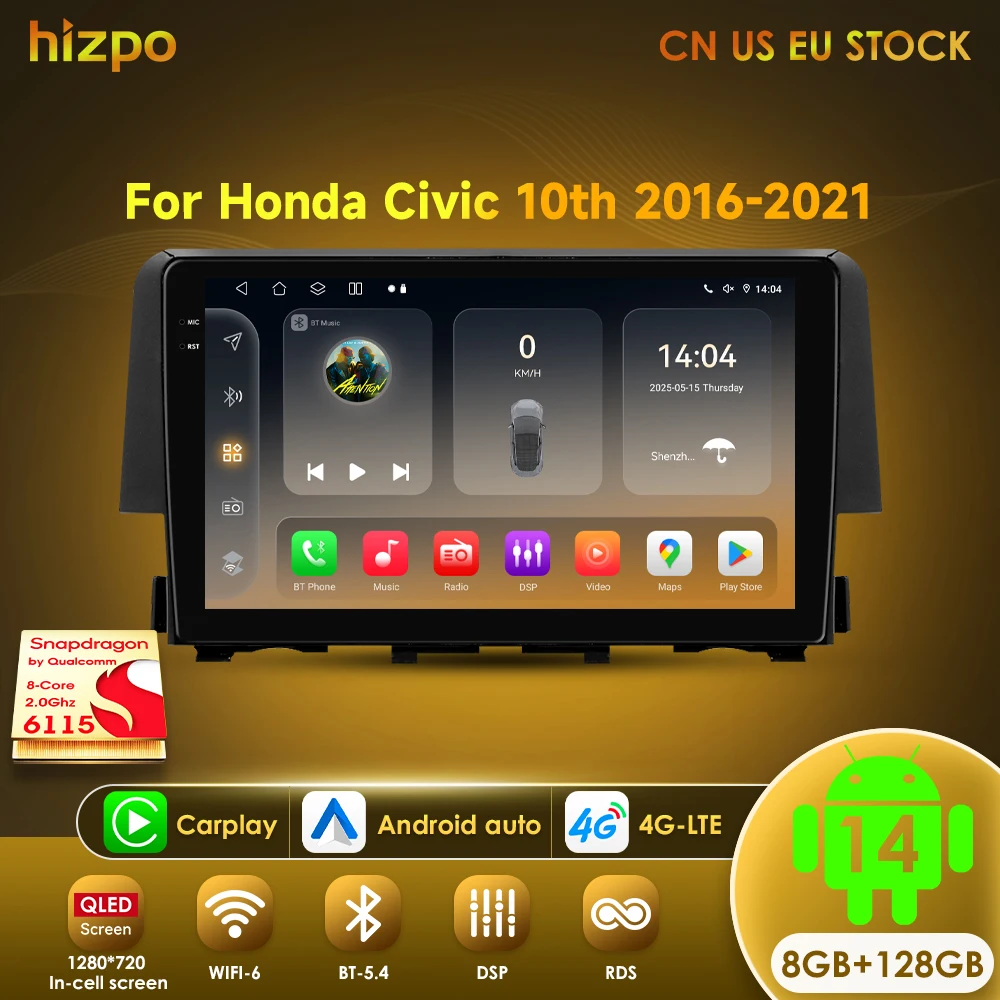 

Hizpo Android 14, автомобильный мультимедийный DSP для Honda Civic 10th 2016-2021, радио, видеонавигация, стерео головное устройство, QLED экран Carplay