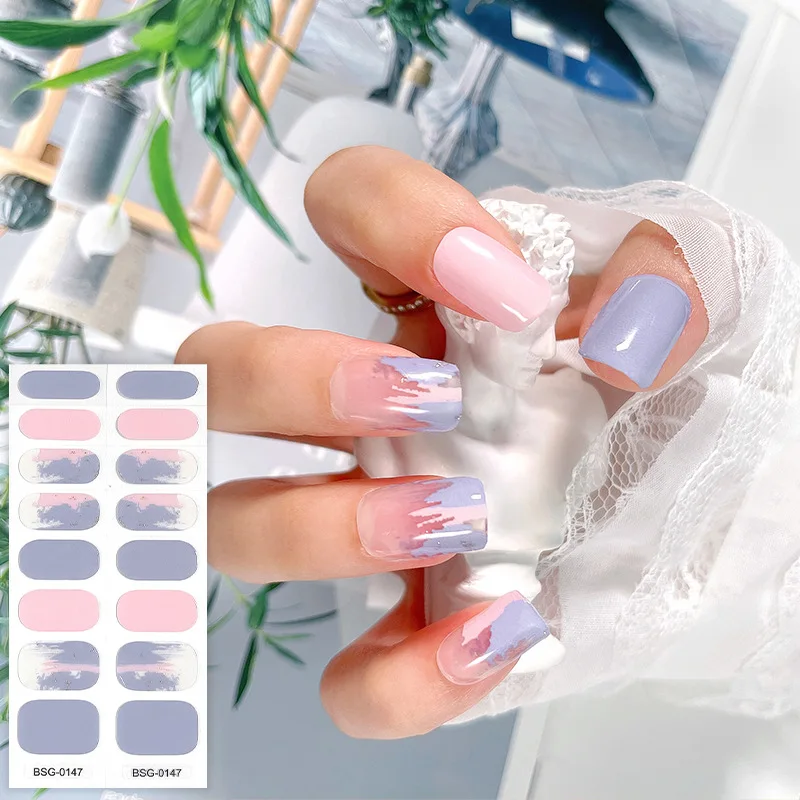 Korean Semi-cured Gel UV Nail Stickers Full Women Fashion French Manicure Spring Nail Wraps Semi Cured Gel Nai Art Stickers