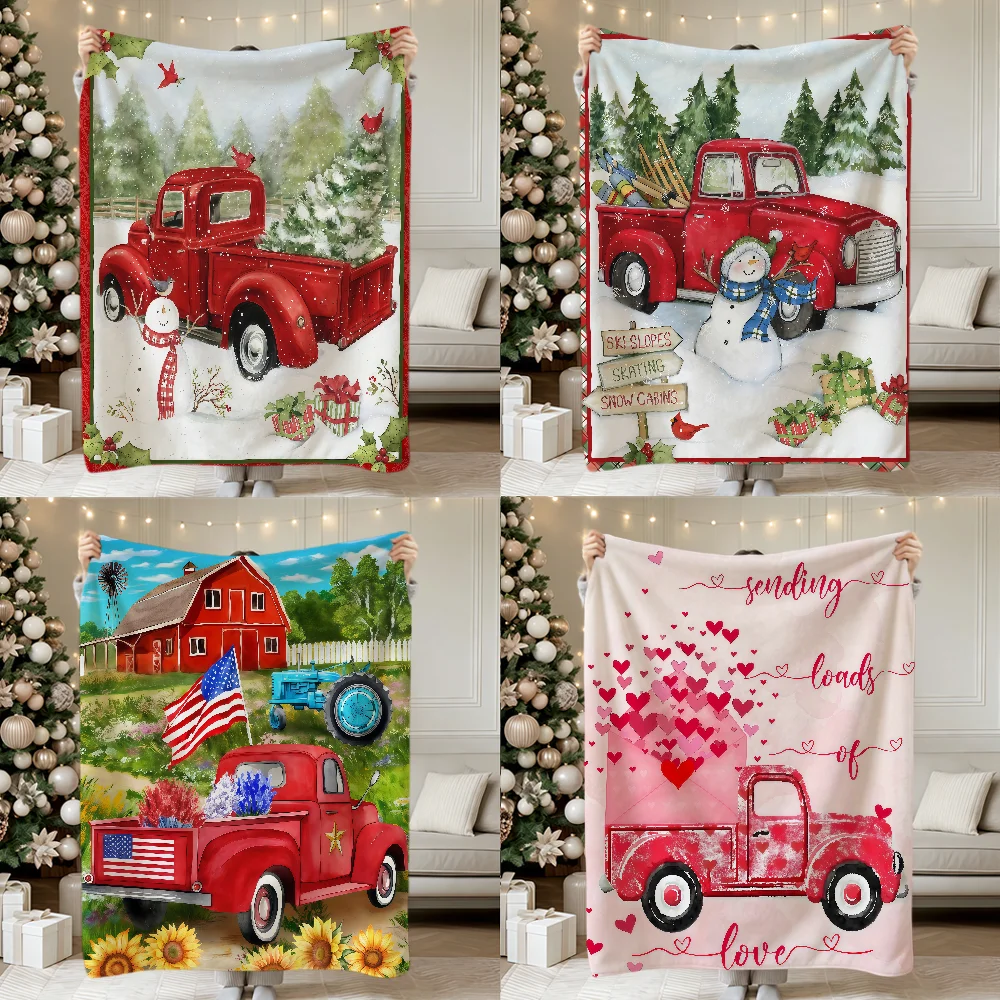 Retro Art Flower Christmas Red Truck Soft Warm Plush Blanket For Dorm Sofa Living Room Pet Hogar Bedroom Gift Nap Home Flannel